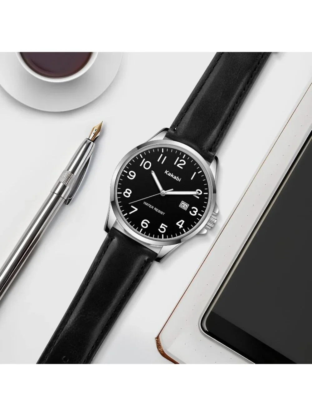 Men's Black Leather Strap Analog Quartz Waterproof Minimalist Round Wrist Watch